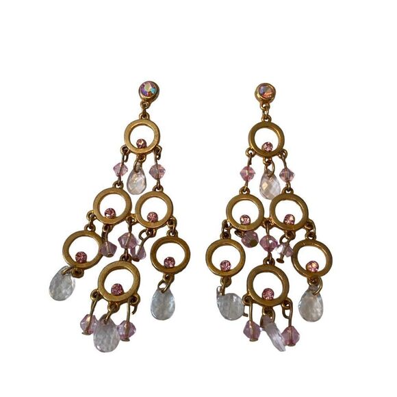 Gorgeous yellow gold chandelier earrings w/ pink & clear iridescent gemstones - Picture 5 of 5